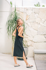 Linen Midi Pinafore Dress with Square Neckline, Wide Straps, and Patch Pocket Detail