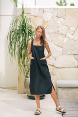 Linen Midi Pinafore Dress with Square Neckline, Wide Straps, and Patch Pocket Detail