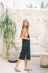 Linen Midi Pinafore Dress with Square Neckline, Wide Straps, and Patch Pocket Detail