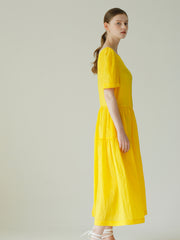 Linen Puff Sleeve Midi Dress With Square Neckline And Gathered Skirt