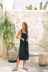 Linen Midi Pinafore Dress with Square Neckline, Wide Straps, and Patch Pocket Detail