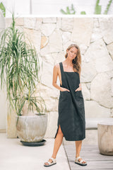 Linen Midi Pinafore Dress with Square Neckline, Wide Straps, and Patch Pocket Detail