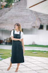 Linen Midi Pinafore Dress with Square Neckline, Wide Straps, and Patch Pocket Detail