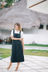 Linen Midi Pinafore Dress with Square Neckline, Wide Straps, and Patch Pocket Detail