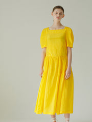 Linen Puff Sleeve Midi Dress With Square Neckline And Gathered Skirt