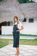 Linen Midi Pinafore Dress with Square Neckline, Wide Straps, and Patch Pocket Detail