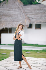 Linen Midi Pinafore Dress with Square Neckline, Wide Straps, and Patch Pocket Detail