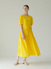 Linen Puff Sleeve Midi Dress With Square Neckline And Gathered Skirt