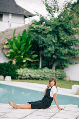 Linen Midi Pinafore Dress with Square Neckline, Wide Straps, and Patch Pocket Detail