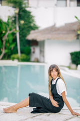 Linen Midi Pinafore Dress with Square Neckline, Wide Straps, and Patch Pocket Detail