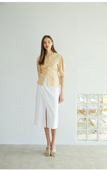 Tailored Linen Blouse with Pearl Buttons and Waist Tie – Puff Sleeve Structured Summer Shirt