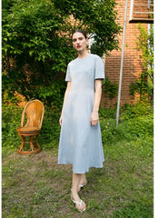 Short Sleeve Linen Midi Dress with Fitted Waist, Side Pockets, and Flared Hemline