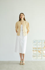 Tailored Linen Blouse with Pearl Buttons and Waist Tie – Puff Sleeve Structured Summer Shirt