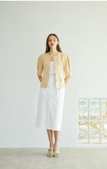 Tailored Linen Blouse with Pearl Buttons and Waist Tie – Puff Sleeve Structured Summer Shirt