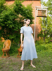 Short Sleeve Linen Midi Dress with Fitted Waist, Side Pockets, and Flared Hemline