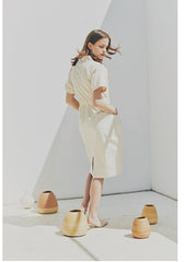 Tailored Linen Shirt Dress with Waist-Cinching Detail and Button-Front Design