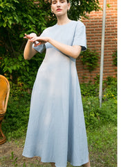 Short Sleeve Linen Midi Dress with Fitted Waist, Side Pockets, and Flared Hemline