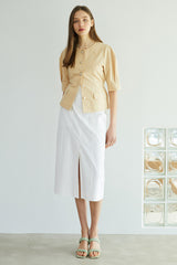 Tailored Linen Blouse with Pearl Buttons and Waist Tie – Puff Sleeve Structured Summer Shirt