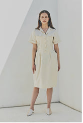 Tailored Linen Shirt Dress with Waist-Cinching Detail and Button-Front Design