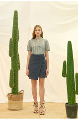 Asymmetric Wrap High-Waist Skirt in Linen Fabric with Minimalist Button Detail