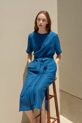 Waist Tie Linen Midi Dress for Women with Short Sleeves and Side Slits for Elegant Summer Styling