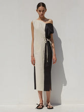 Color-Block Asymmetrical Linen Midi Dress with Waist Tie and Side Slit Detail
