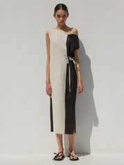 Color-Block Asymmetrical Linen Midi Dress with Waist Tie and Side Slit Detail
