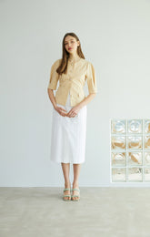 Tailored Linen Blouse with Pearl Buttons and Waist Tie – Puff Sleeve Structured Summer Shirt