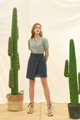 Asymmetric Wrap High-Waist Skirt in Linen Fabric with Minimalist Button Detail