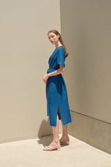 Waist Tie Linen Midi Dress for Women with Short Sleeves and Side Slits for Elegant Summer Styling