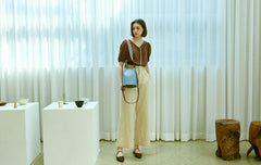 Soft Linen Button-Front Puff Sleeve Blouse with Asymmetric Neckline for Women