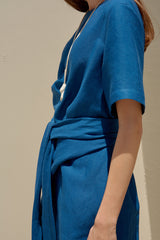 Waist Tie Linen Midi Dress for Women with Short Sleeves and Side Slits for Elegant Summer Styling