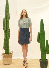 Asymmetric Wrap High-Waist Skirt in Linen Fabric with Minimalist Button Detail