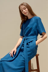 Waist Tie Linen Midi Dress for Women with Short Sleeves and Side Slits for Elegant Summer Styling