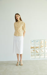 Tailored Linen Blouse with Pearl Buttons and Waist Tie – Puff Sleeve Structured Summer Shirt