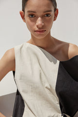 Color-Block Asymmetrical Linen Midi Dress with Waist Tie and Side Slit Detail