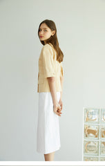 Tailored Linen Blouse with Pearl Buttons and Waist Tie – Puff Sleeve Structured Summer Shirt