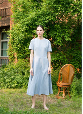 Short Sleeve Linen Midi Dress with Fitted Waist, Side Pockets, and Flared Hemline