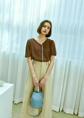 Soft Linen Button-Front Puff Sleeve Blouse with Asymmetric Neckline for Women