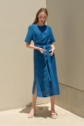 Waist Tie Linen Midi Dress for Women with Short Sleeves and Side Slits for Elegant Summer Styling