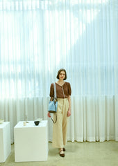 Soft Linen Button-Front Puff Sleeve Blouse with Asymmetric Neckline for Women