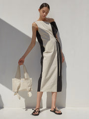 Color-Block Asymmetrical Linen Midi Dress with Waist Tie and Side Slit Detail