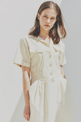 Tailored Linen Shirt Dress with Waist-Cinching Detail and Button-Front Design
