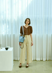 Soft Linen Button-Front Puff Sleeve Blouse with Asymmetric Neckline for Women