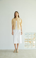 Tailored Linen Blouse with Pearl Buttons and Waist Tie – Puff Sleeve Structured Summer Shirt