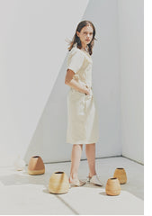 Tailored Linen Shirt Dress with Waist-Cinching Detail and Button-Front Design