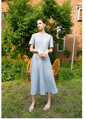 Short Sleeve Linen Midi Dress with Fitted Waist, Side Pockets, and Flared Hemline