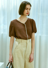 Soft Linen Button-Front Puff Sleeve Blouse with Asymmetric Neckline for Women