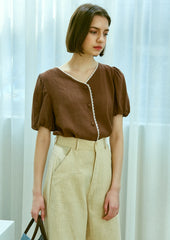 Soft Linen Button-Front Puff Sleeve Blouse with Asymmetric Neckline for Women