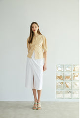 Tailored Linen Blouse with Pearl Buttons and Waist Tie – Puff Sleeve Structured Summer Shirt
